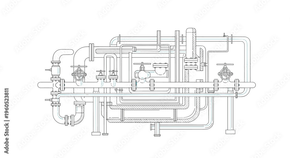 Obraz premium Detailed technical line drawing of a complex industrial pipe system with valves and connections for engineering.