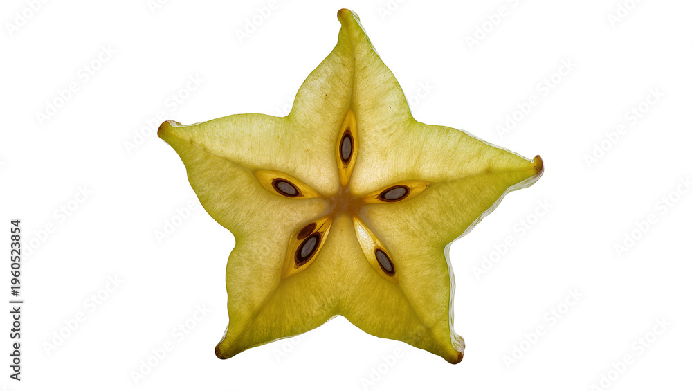 Fototapeta premium Fresh star fruit slice with star shape and dark seeds, isolated on transparent background