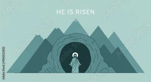 Easter resurrection scene with jesus emerging from a tomb surrounded by mountains
