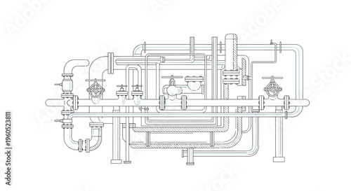 Detailed technical line drawing of a complex industrial pipe system with valves and connections for engineering.