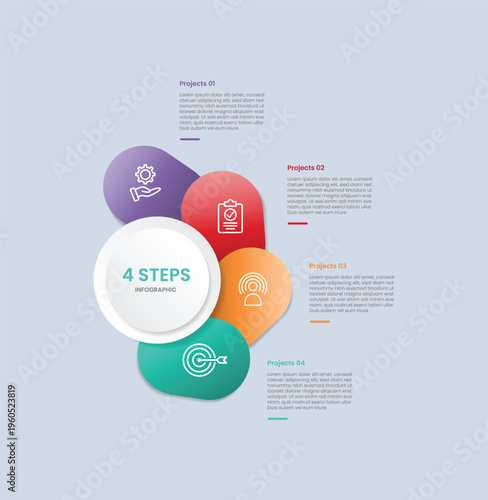 Circle base infographic with glossy gradient style with main circle left with round rectangle sticky right side circular with four segment information