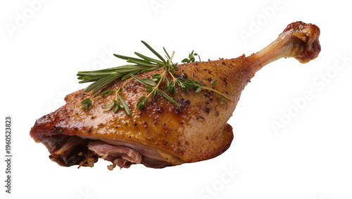 Bild auf Leinwand Golden crispy roasted duck leg garnished with rosemary and thyme, isolated on tr