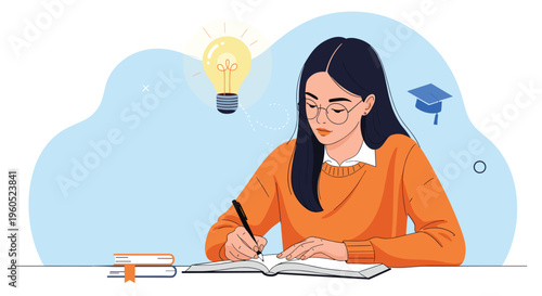 Young girl student studying hard and writing in a notebook with a bright glowing light bulb idea above her head.