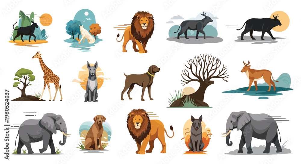 Obraz premium Large collection of various wild and domestic animals including lions, elephants, dogs, and giraffes in art style.