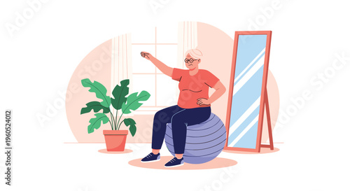 Active elderly senior woman sitting on a blue fitness ball and exercising her arm in her bright living room at home.