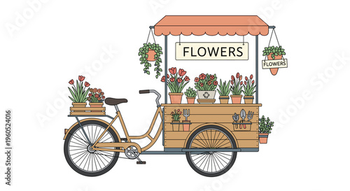 Charming flower cart attached to a vintage bicycle filled with many colorful potted plants and gardening tools.