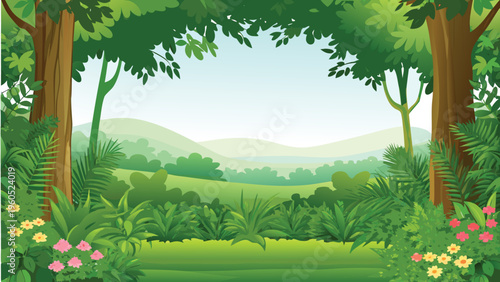 Lush green jungle scene with vibrant foliage and distant hills