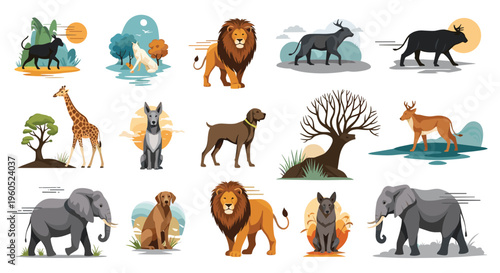 Large collection of various wild and domestic animals including lions, elephants, dogs, and giraffes in art style.
