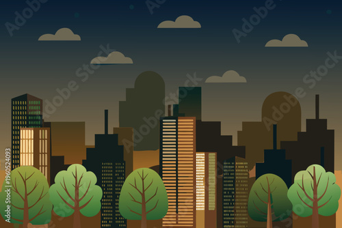Stylized cityscape at dusk with silhouetted trees and buildings