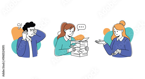 Diverse group of office workers experiencing workplace stress, burnout, and confusion while handling large workloads and phone calls.