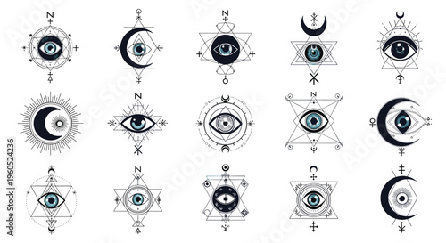 Set of mystical occult symbols and spiritual emblems featuring moon phases, the all-seeing eye, stars, and sacred geometry designs.