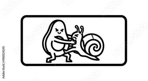 Humorous cartoon depicting an anthropomorphic avocado fiercely confronting a struggling snail with