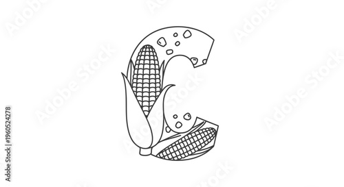 Stylized initial C graphic featuring fresh corn cobs and individual kernels on a clean white
