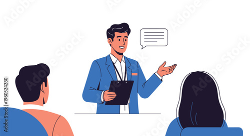 Male public speaker or businessman giving a presentation to an audience while holding a clipboard with a floating speech bubble.