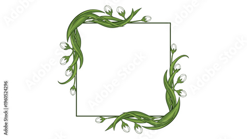 Delicate square frame adorned with green leaves and white lilies of the valley flowers on a plain white background for decor.