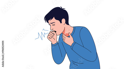 Illustration of a man in a blue shirt coughing into his hand with visible sound waves for health and medical concepts.