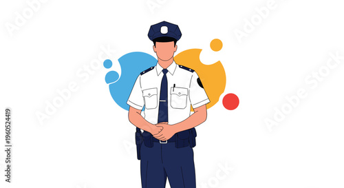 Professional security guard or police officer standing in uniform with hands clasped together against a colorful abstract background.