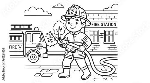 Little boy dressed as fireman smiling.