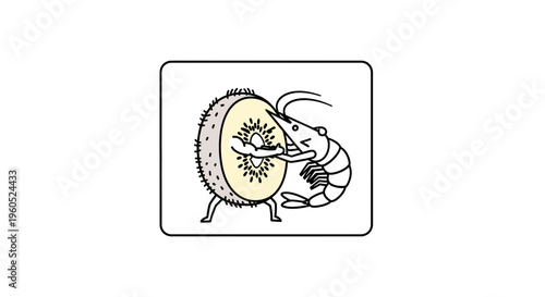 Whimsical cartoon illustration of a lively kiwi fruit engaging with an animated shrimp in a