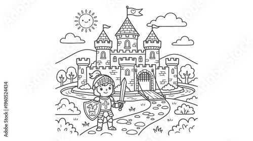 Little boy dressed as knight holding sword.