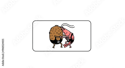 Whimsical illustration of a cartoon coconut and a shrimp engaged in a friendly grappling match