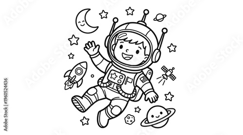 Smiling astronaut in space suit floating.