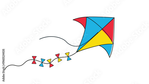 Brightly colored kite in blue, red, and yellow flies through the air with a long black tail adorned with colorful bows.