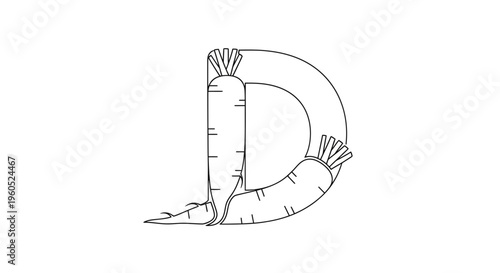 Monochrome outline illustration of the letter D creatively formed by fresh carrots for a healthy