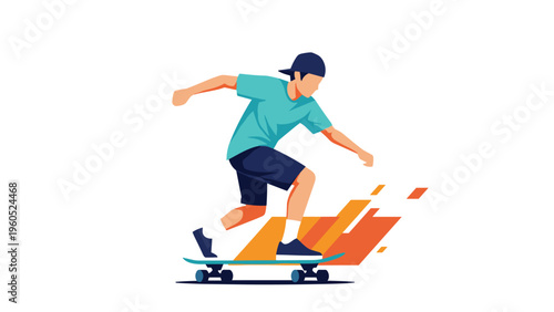Active skateboarder in a teal shirt and navy shorts rides his board with speed, leaving orange geometric streaks behind.