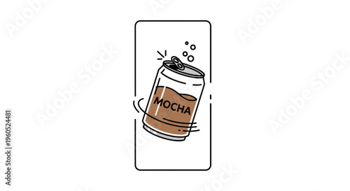 Minimalist mocha beverage can illustration with effervescent bubbles and dynamic movement vector