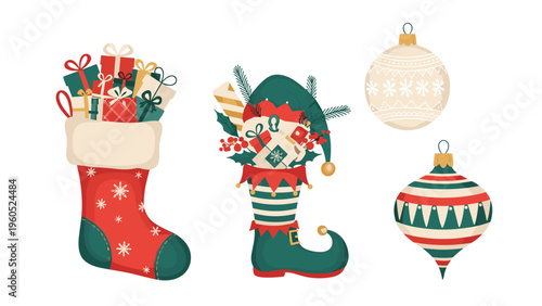 Festive christmas collection featuring a red holiday stocking, a green elf boot full of gifts, and two patterned ornaments.