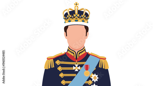 Royal figure in a dark blue military-style uniform with gold tassels, a blue sash, and a detailed golden crown.