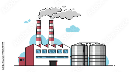 Industrial factory complex with two tall smoking chimneys, white storage tanks, and a main building against a blue sky.