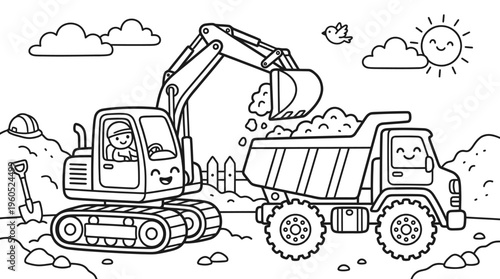 Excavator and dump truck cartoon vehicles.