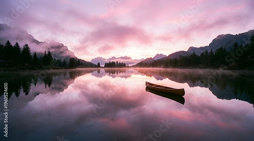 Wooden Canoe Floats on Misty Mountain Lake During a Vibrant Pink Sunrise