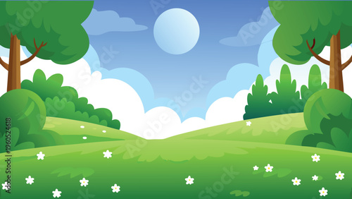 A vibrant cartoon landscape with rolling hills and a bright sky