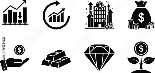 Financial investment icons set featuring stock market growth charts money bag gold bars diamond wealth building and profit growth cad drawing flat vector illustration