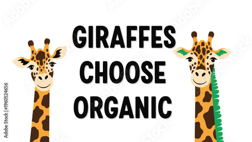 Two cute illustrated giraffes framing the message giraffes choose organic in bold black letters on a clean white background.