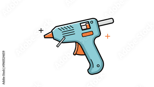 Handheld blue electric hot glue gun with orange accents and a glue stick inserted for diy craft projects and repairs.