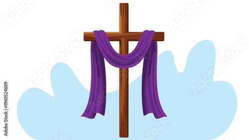 Simple wooden Christian cross with a draped purple sash symbolizes Lent or Easter against a soft blue cloud-like background.