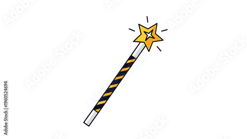 Magician magic wand with a striped handle and a glowing yellow star on top isolated against a white background.