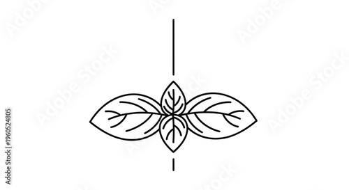 Minimalist black outline drawing of fresh basil sprig with leaves and stem icon on white