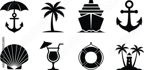 A collection of black silhouette icons representing various popular travel and summer vacation themes