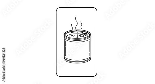 Minimalist line art illustration of an open, steaming food can representing a warm meal