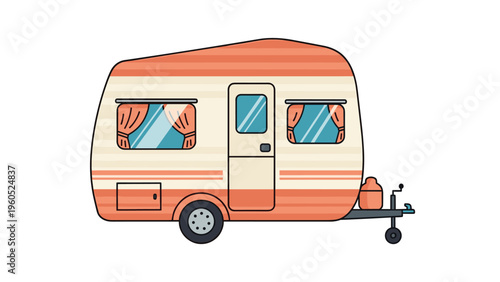 Retro style travel trailer or camper van with orange stripes and curtains in the windows perfect for camping trips and road adventures.