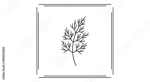 Minimalist line art illustration of a delicate leafy sprig within an elegant decorative frame