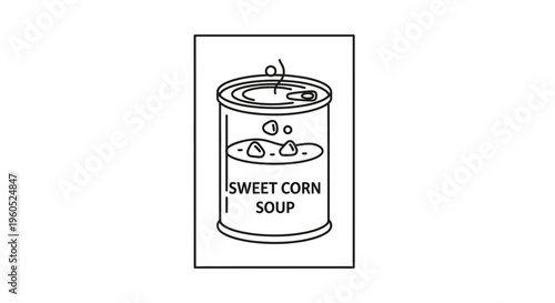 Minimalist monochrome outline illustration of an open sweet corn soup can emitting steam