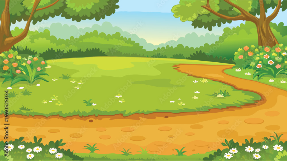 Obraz premium A winding path leads through a vibrant lush green landscape