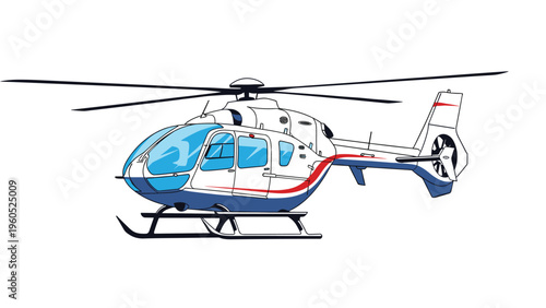 Detailed illustration of a white and blue transport helicopter with red stripes and large rotor blades on a white background.