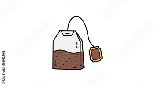 Simple illustration of a single tea bag with its string and tag showing the dark tea leaves inside the paper pouch.